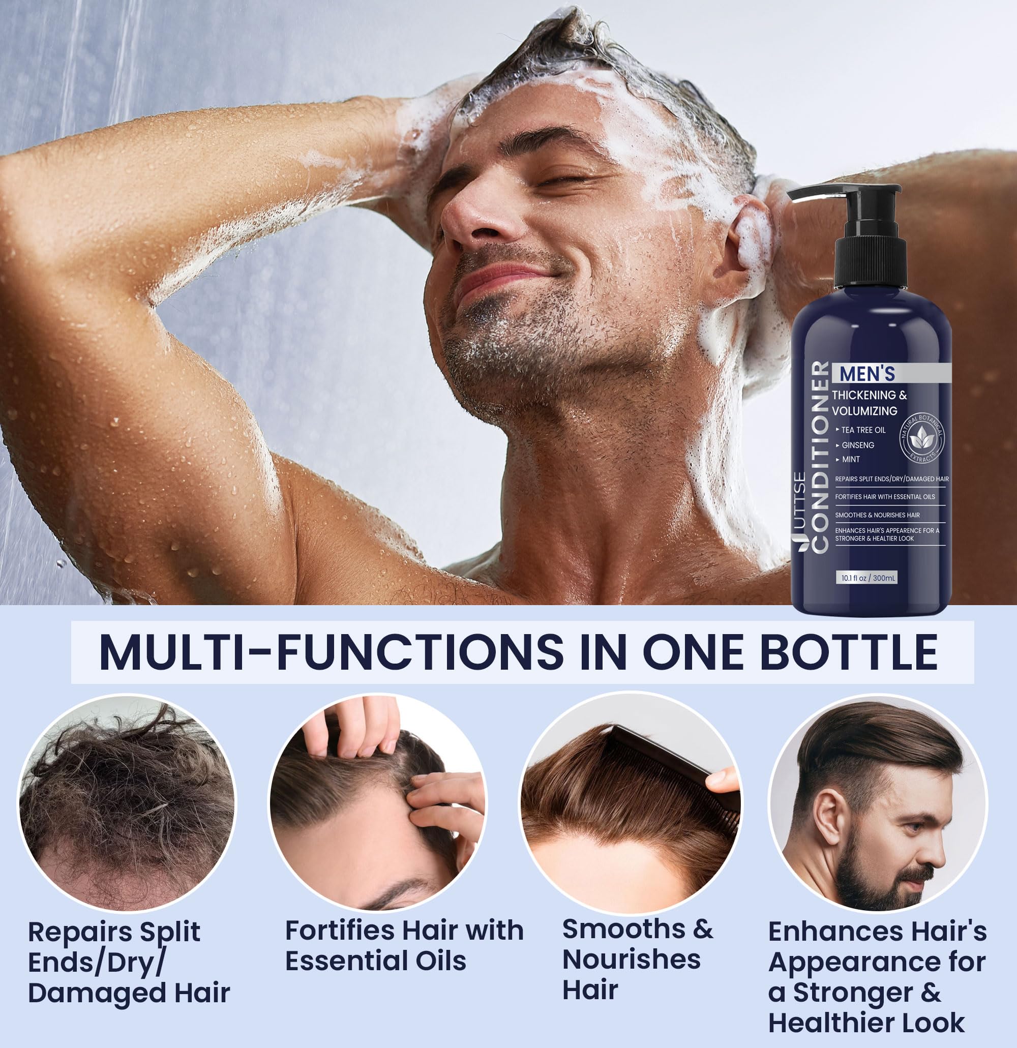 Uttse Biotin Hair Growth Conditioner for Men: Natural Thickening and Volumizing Conditioner with Tea Tree Oil Ginseng Mint for Hair Loss and Thinning Hair - 10.1 fl.oz, Dark Blue